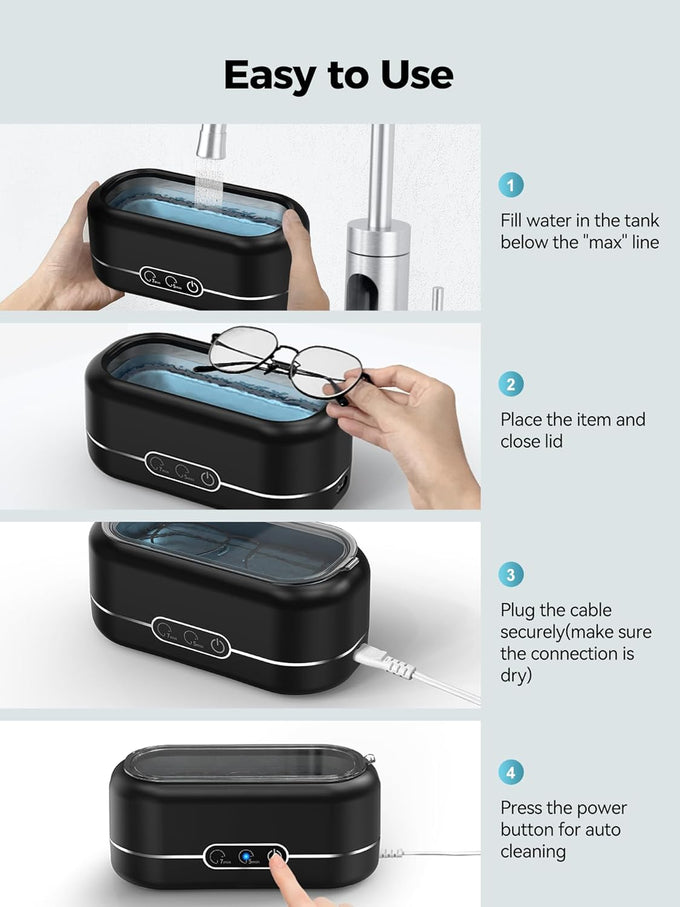 Ultrasonic Jewelry Cleaner, 48KHz Jewelry Ultrasonic Cleaner Machine for All Jewelry, Glasses, Rings, Retainers, Watch Strap, Dentures, 304 Stainless Steel 12oz Cleaning Pod - Black