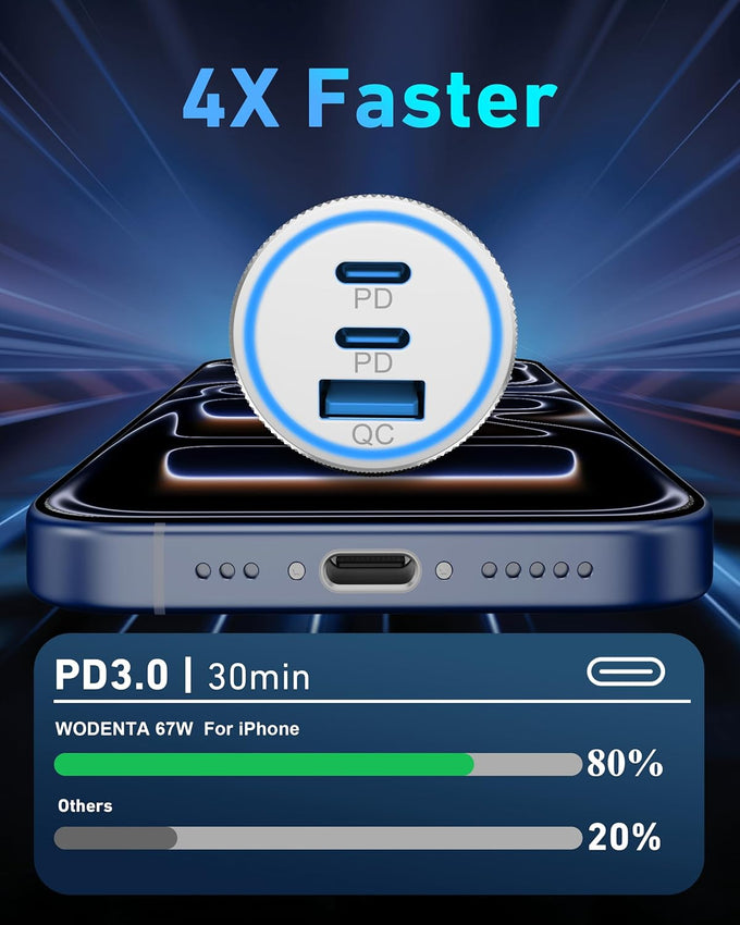 WODENTA for iPhone 17/16/15 Pro Max Car Charger, 67W 3-Port Fast USB C Car Charger Power Cigarette Lighter Adapter with 3FT USB C to C Cable for iPhone 17/17 Pro/Air/16/15 Pro Max/Plus/16e, iPad