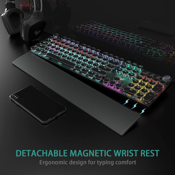 AULA F2088 Typewriter Style Mechanical Gaming Keyboard Wired,Blue Switches,Rainbow LED Backlit,Removable Wrist Rest,Media Control Knob,Retro Punk Round Keycaps,USB Wired Computer Keyboard