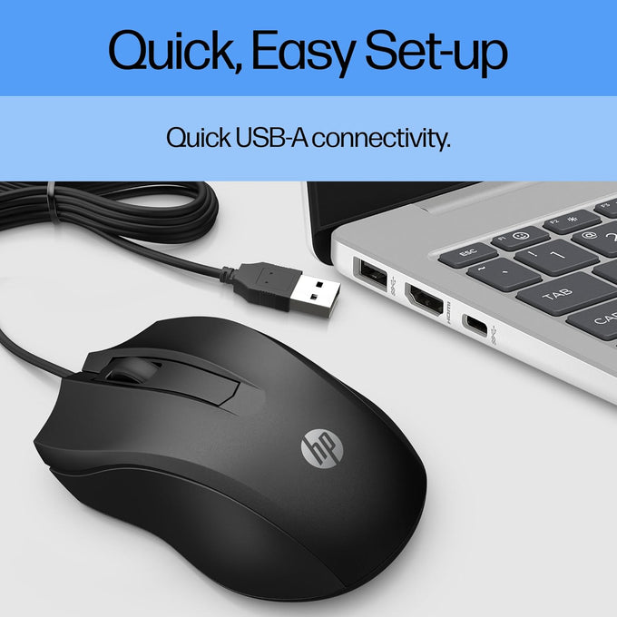 HP Wired Mouse 100 - Precise Optical Sensor with 1600 DPI - Easy USB Connection - Ambidextrous Design - 3 Button Control & Built-in Scrolling - Multi-OS Compatible (6VY96AA#ABL)