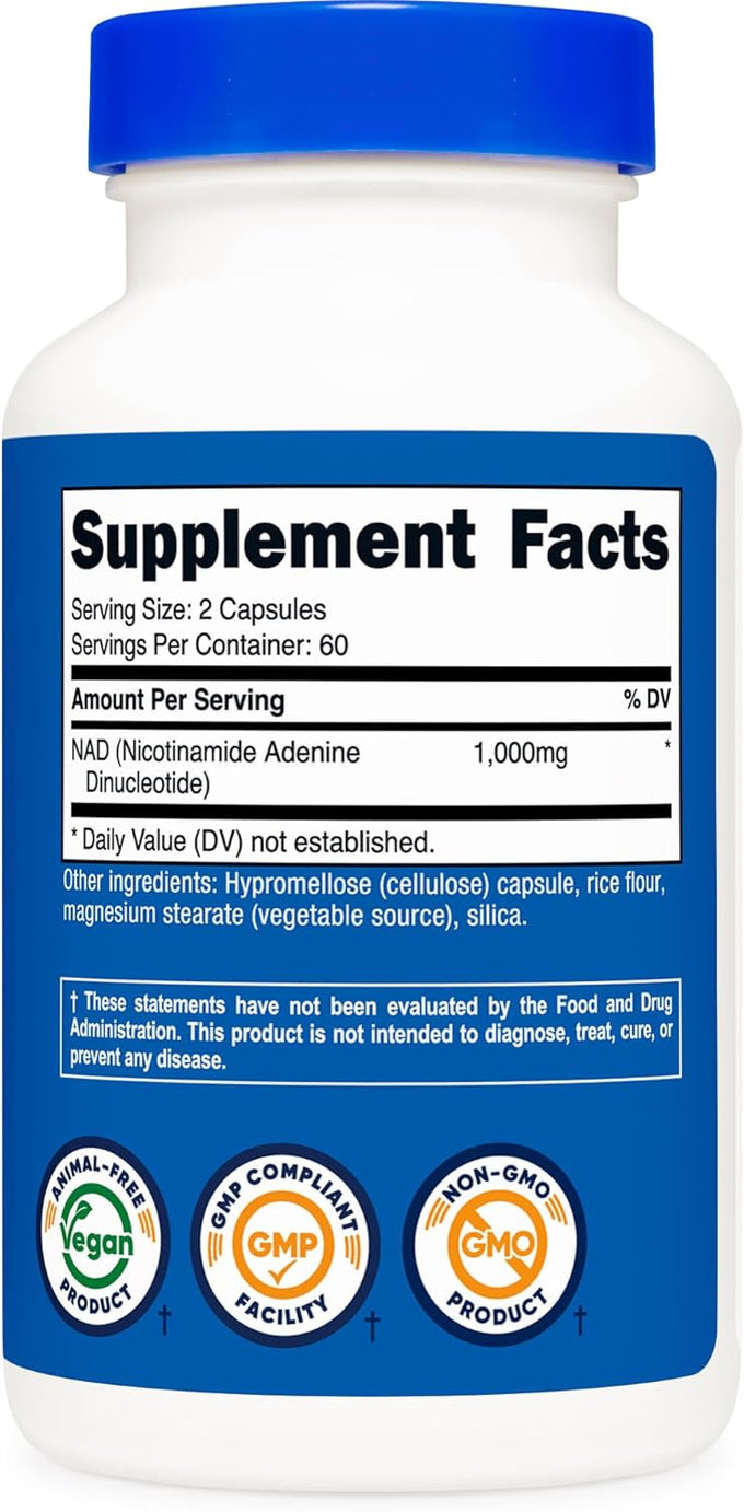 Nutricost NAD+ Supplement 1,000mg per Serving,120 Capsules (Nicotinamide Adenine Dinucleotide) - 60 Servings, Gluten-Free, Vegan
