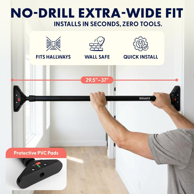 Squatz Adjustable Doorway Pull-Up Bar with Level, Locking Mechanism & Foam Grips