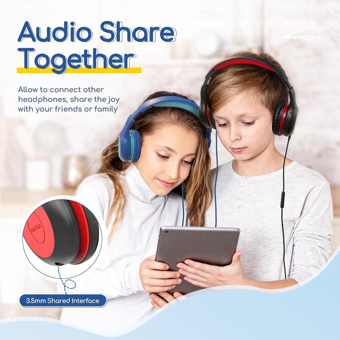 EarFun K1 Kids Headphones Wired with Microphone, 85/94dB Volume Limit Headphones for Kids, Portable Wired Headphone with Shareport, Stereo Sound Foldable Headset for School/Tablet/iPad, Black Red