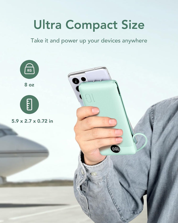 VEGER Portable Charger with Built-in AC Plug and Cables, All in One 10000mAh Ultra Slim Power Bank Travel Essentials, 15W Fast Charging Battery Pack Compatible with iPhone, Samsung, Android (Green)