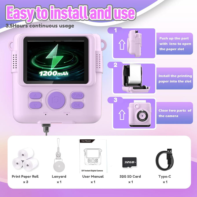 Instant Print Camera for Kids, Christmas Birthday Gifts for Girls Boys Age 3-12,Kids Digital Cameras for Toddler, Portable Toy for 3 4 5 6 7 8 9 10 Year Old Girl with 32GB SD Card-Purple