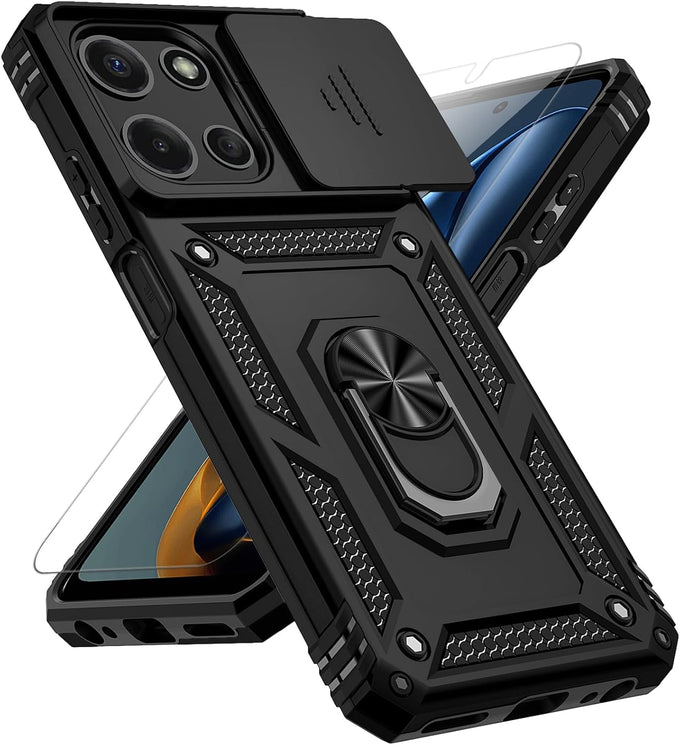 for Motorola Moto G 2025 / Moto G 2026 / Moto G Play 2026 Case, with Slide Camera Cover HD Screen Protector [Military Grade 16ft. Drop Tested] Ring Holder Kickstand Protective Phone Case, Black