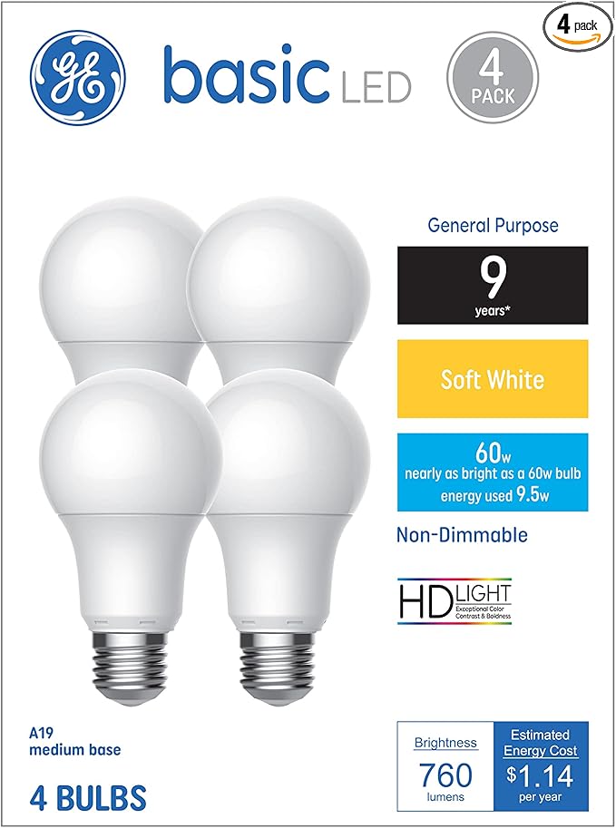GE Basic Light Bulbs, 60 Watt, Soft White, A19 (4 Pack)