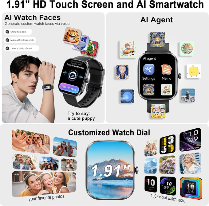 uaue AI Smart Watch with ChatGPT, 1.91" Bluetooth Calling Smartwatch for Men Women, 110+ Fitness Modes Activity Tracker, Sleep/Heart Rate/Calorie Monitor, IP68 Waterproof Step Counter for Android iOS