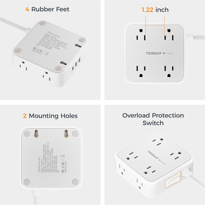 TESSAN Surge Protector Power Strip, 5 Ft Flat Plug Extension Cord with 3 USB (1 USB C) 8 Outlets, 1250W, 900J Protection, 3 Sided Outlet Extender with Power Switch for Office, Dorm Room Essentials