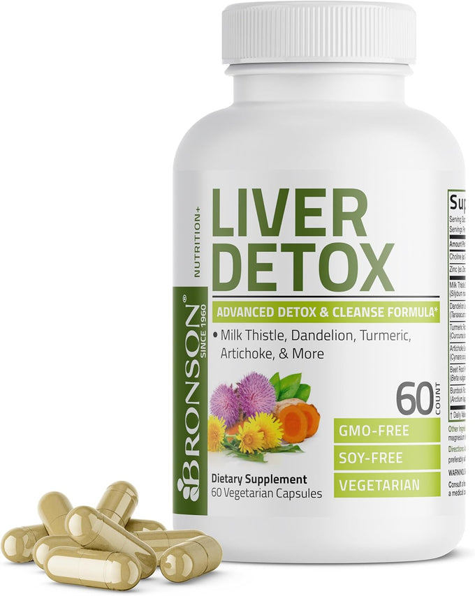 Bronson Liver Detox Advanced Detox & Cleansing Formula Supports Health Liver Function with Milk Thistle, Dandelion Extract, Turmeric, Artichoke Leaf & More, Non-GMO, 60 Vegetarian Capsules