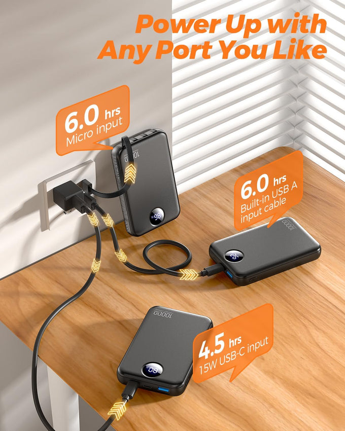 Portable Charger 10000mAh Power Bank with 4 Built-in Cables,LED Display Compact and Battery Pack with Multiple USB Ports All-in-One Travel Charger for iPhone,Android and Other Devices-Black