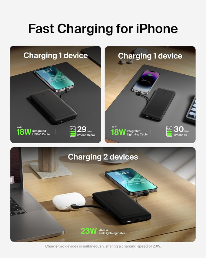 Belkin Portable Charger Power Bank for iPhone/Android - 10,000mAh, 23W Battery Pack for Phone with Integrated USB-C, Lightning Cables - Pass-Through Capability, Charge 2 Devices at Once