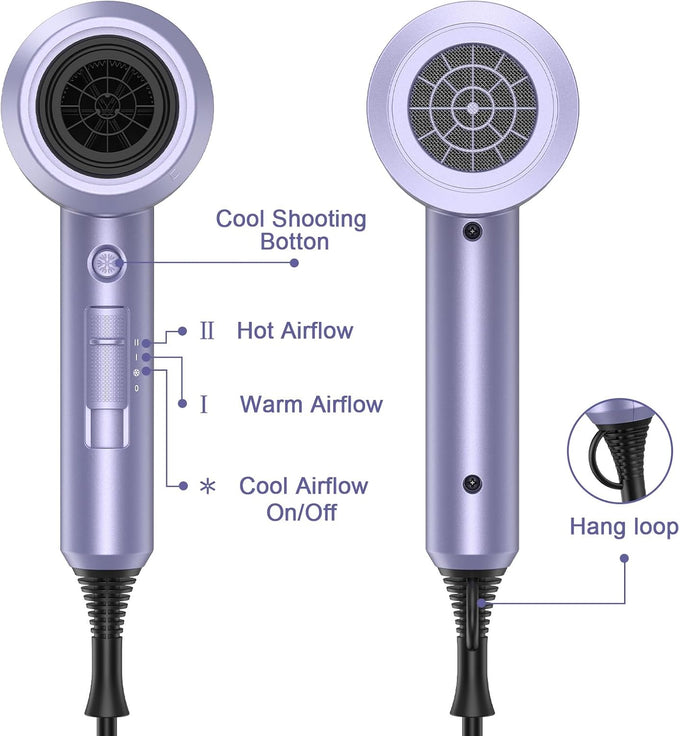 Slopehill Professional Ionic Hair Dryer, 1800W Fast Drying Low-Noise Blow Dryer with Diffuser & Concentrator (Lavender)
