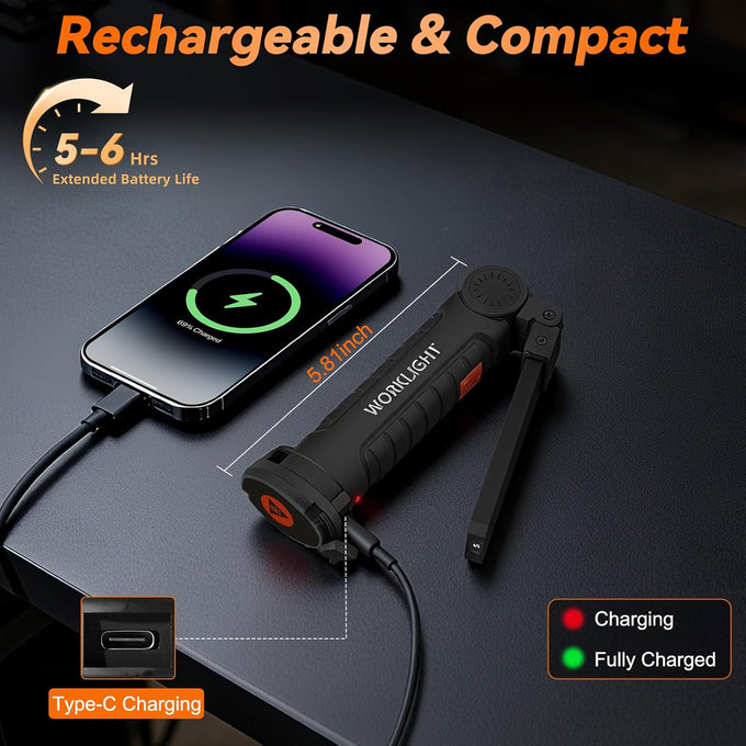 Magnetic Work Light 6Pack, Rechargeable Work Light with 360° Rotation, 5 Mode Mechanic Light, Compact Rechargeable Flashlight with Hook for Car Repairing, Emergency, Valentines Day Tool Gifts for Him