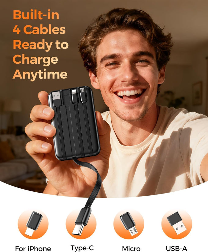 Portable Charger 10000mAh Power Bank with 4 Built-in Cables,LED Display Compact and Battery Pack with Multiple USB Ports All-in-One Travel Charger for iPhone,Android and Other Devices-Black