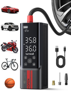 Lamicall Portable Car Tire Inflator - Air Compressor [150 PSI] [4X Faster] Cordless Car Air Pump Rechargeable, Pressure Gauge Display, LED Light, for Cars, Motorcycles, Bike, Wheels Accessories Gifts