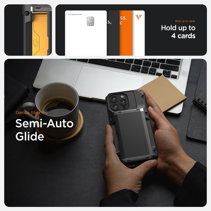VRS DESIGN Damda Glide Pro Phone Case for iPhone 14 Pro Max, Sturdy Semi Auto Wallet [4 Cards] Case with Card Slot Holder, Compatible for iPhone 14 Pro Max Case (2022) Matte Black