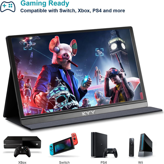 KYY Portable Monitor 15.6inch 1080P FHD USB-C, HDMI Computer Display HDR IPS Gaming Monitor w/Premium Smart Cover & Screen Protector, Speakers, for Laptop PC MAC Phone PS4 Xbox Switch