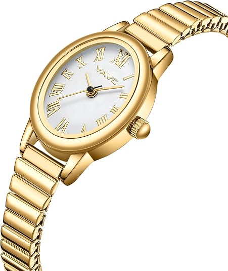 VAVC Small Gold Watch for Women – Stainless Steel Stretch Band, Roman Dial, Water Resistant