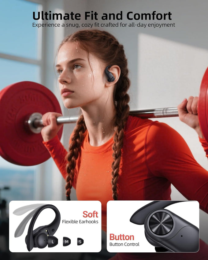 PocBuds Bluetooth Headphones Wireless Earbuds 80hrs Playtime Wireless Charging Case Digital Display Sports Ear Buds with Earhook Deep Bass IPX7 Waterproof Over-Ear Earphones for TV Phone Laptop Black