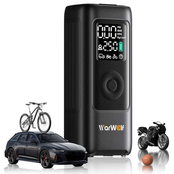 WARWOLF 160PSI Tire Inflator Portable Air Compressor, Electric Air Pump for Car Tires with Pressure Gauge, Dual Power 12V DC, LED Light, Auto Shut-Off, Tire Pump for Auto, Motorcycle, Bicycle, Balls