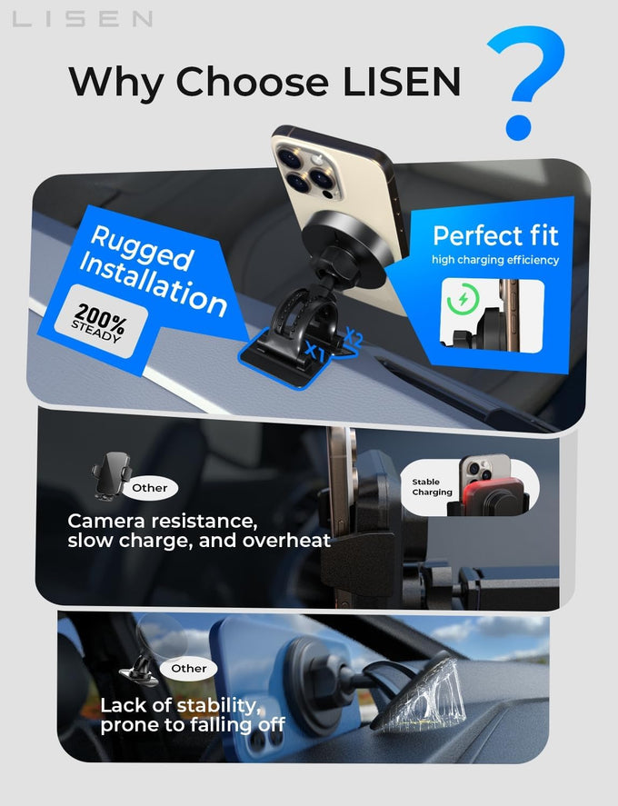 LISEN for 15W MagSafe Car Mount Charger,Magnetic Wireless Cars Charger,Magnetic Phone Holder for Cars,Phone Holders for Your Car Accessories for Women Men Jeep Ford F150 for iPhone 17-12,Samsung,Pixel