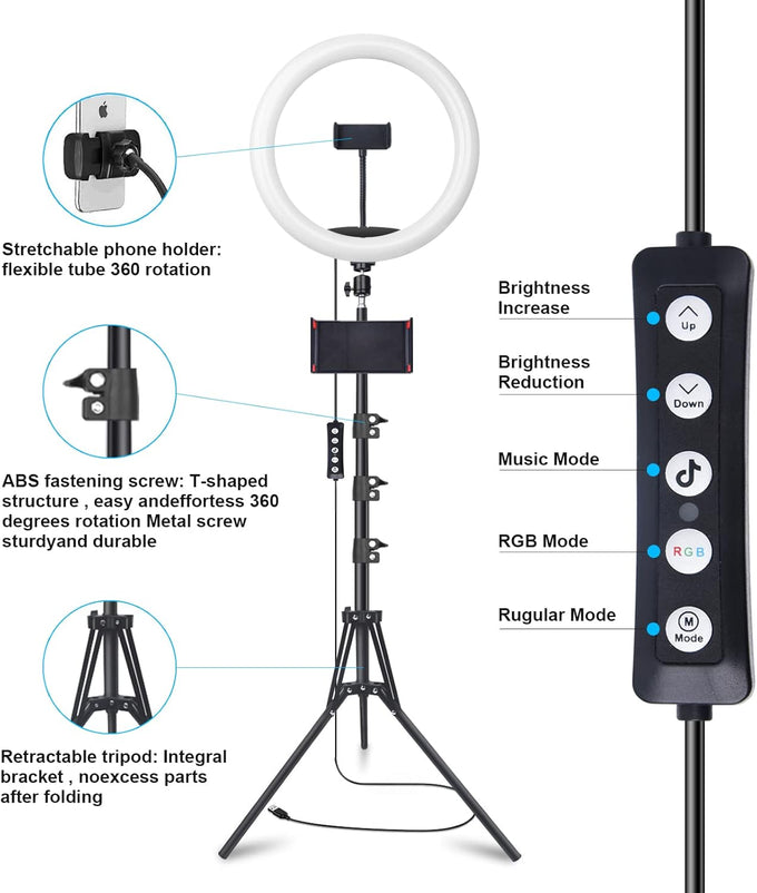 10" Selfie Ring Light with 73" Tripod Stand & 1 Phone Holder, LED Camera Ringlight with 48 RGB Colors Modes & Musical Rhythm Mode and 12 Brightness Dimmable for TikTok/Makeup/Photography/Vlog