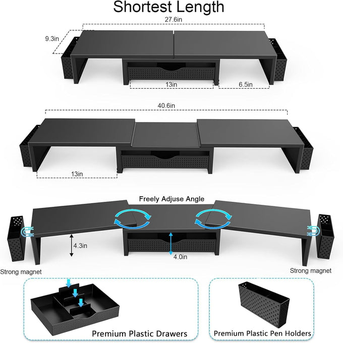 gianotter Dual Monitor Stand Riser, Desk Organizer With Drawer and 2 Pen Holders, Computer Monitor Stand, Shelf for Top of Desk, Black