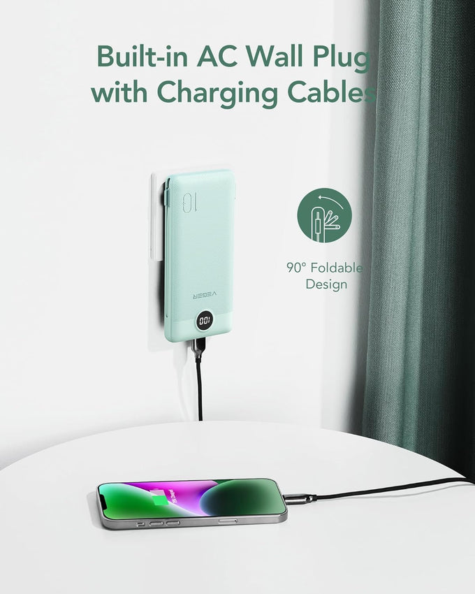 VEGER Portable Charger with Built-in AC Plug and Cables, All in One 10000mAh Ultra Slim Power Bank Travel Essentials, 15W Fast Charging Battery Pack Compatible with iPhone, Samsung, Android (Green)