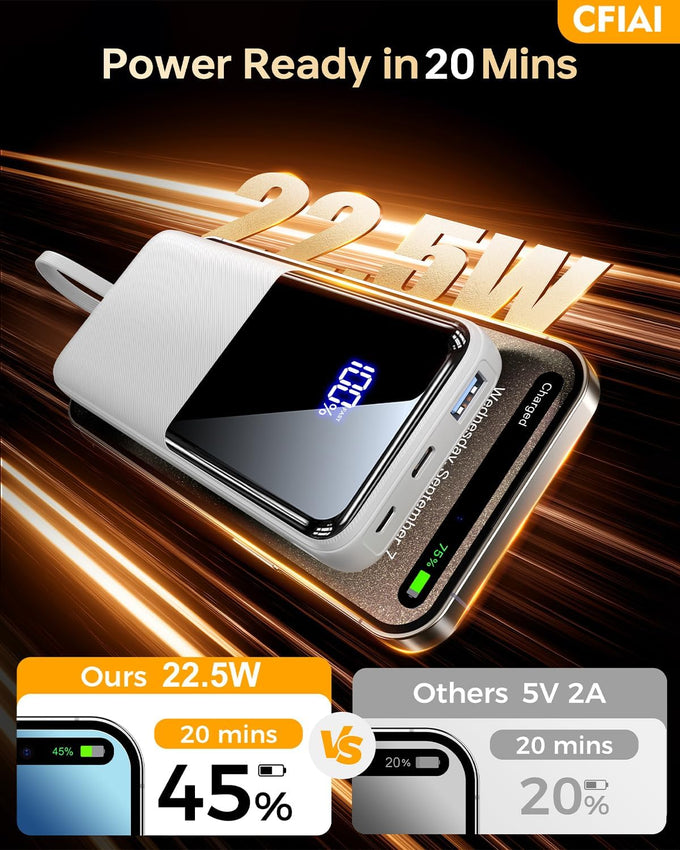 Portable Charger Power Bank - 15,000mAh Battery Pack Portable Phone Charger with Built in Cable 22.5W Fast Charging Powerbank Compatible with iPhone Android Samsung Phone, Travel Camping Essential
