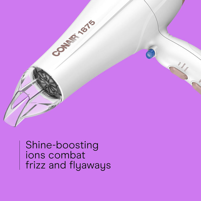 Conair Double Ceramic Ionic Hair Dryer, 1875W Blow Dryer with Diffuser & Concentrator (White)