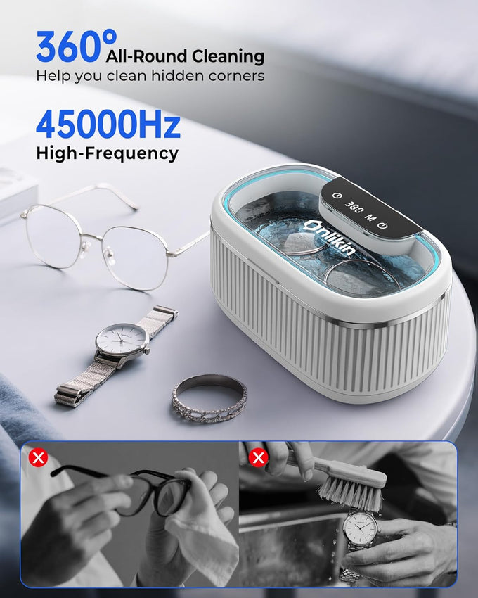 35W Ultrasonic Jewelry Cleaner, 45KHz Retainer Cleaner for Jewelry, 5 Timer & 3 Power Modes, Eyeglasses, Rings, Watch Strap, Dentures - 20oz, 304 Stainless Steel Tank, Quiet <38dB (White)