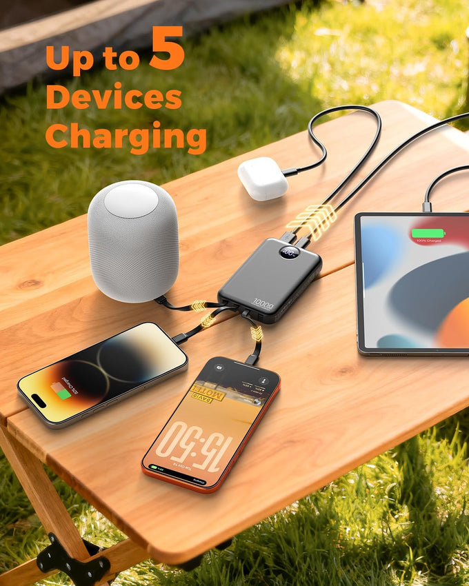 Portable Charger 10000mAh Power Bank with 4 Built-in Cables,LED Display Compact and Battery Pack with Multiple USB Ports All-in-One Travel Charger for iPhone,Android and Other Devices-Black