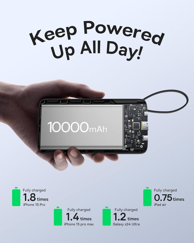 Baseus Portable Charger, 10000mAh Fast Charging Power Bank, 22.5W PD3.0 QC3.0 Battery Pack Built-in USB C Braided Cable, Travel Essentials for iPhone 17 16 15, iPad, S25/S24, Indoor/Outdoor