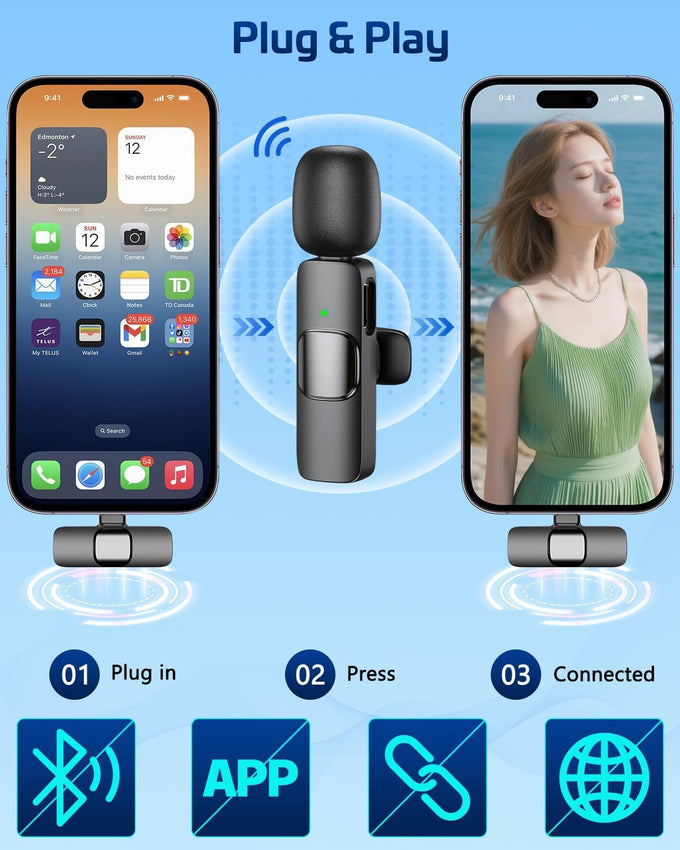 HONGJIEYUAN Pink Wireless Lavalier Microphone for iPhone & Android - Mini Clip-On Mic with Noise Cancellation, 65ft Range, 8H Battery, USB-C/Lightning - for TikTok, YouTube, Podcast, Live Streaming