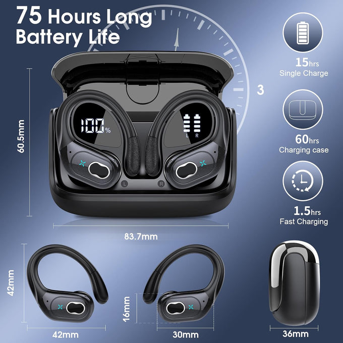 Wireless Earbuds 75hrs Bluetooth 5.4 Headphone Sport, 2025 Bluetooth Earbuds Stereo Deep Bass Over Ear Bud with Earhooks, ENC Noise Cancelling Mic, IPX7 Waterproof Earphone for Workout/Running