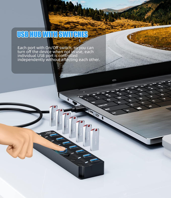 USB 3.0 Hub, PANPEO 7-Port USB Data Hub Splitter with 3ft Long Cable USB Extension for Laptop,PC Computer,Surface Pro, PS4/5, Flash Drive, Mobile HDD - with LED Individual On/Off