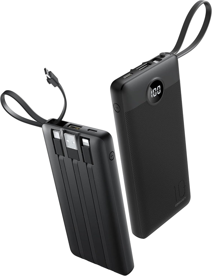 Portable Charger with Built in Cables, Slim 10000mAh Power Bank with USB C, External Battery Pack 5 Outputs 2 Inputs LED Display Compatible with iPhone/Android & More (Black)