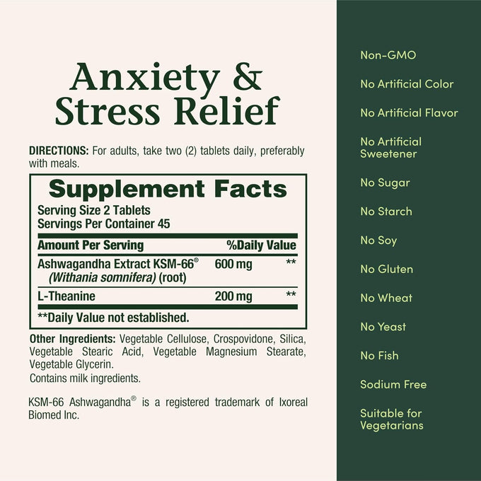 Nature's Bounty Stress Relief, Ashwagandha KSM-66, Supports Occasional Stress Relief, Dietary Supplement, 2 Tablets per Day, Vegetarian Tablets, Gluten Free, 90 Ct