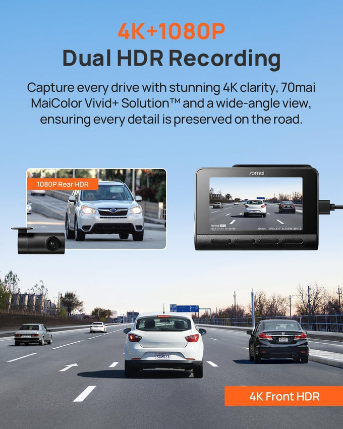 70mai A810S 4K Dual Dash Cam Front & Rear, STARVIS 2 HDR Super Night Vision, AI Motion Detection & 24/7 Parking, Built-in GPS, Wi-Fi & Optional 4G Remote Viewing, ADAS, Loop Recording, Time-Lapse