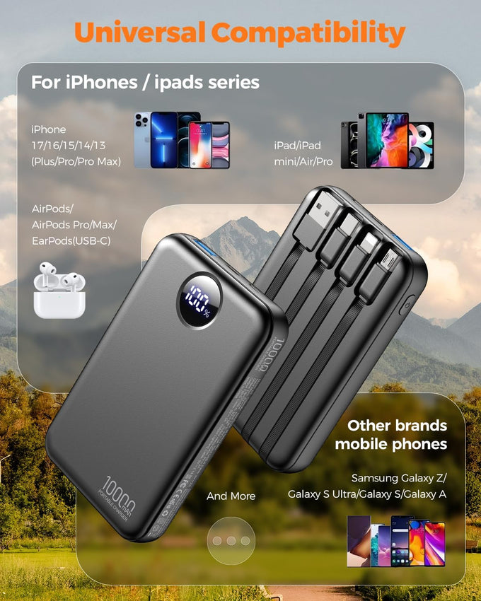 Portable Charger 10000mAh Power Bank with 4 Built-in Cables,LED Display Compact and Battery Pack with Multiple USB Ports All-in-One Travel Charger for iPhone,Android and Other Devices-Black