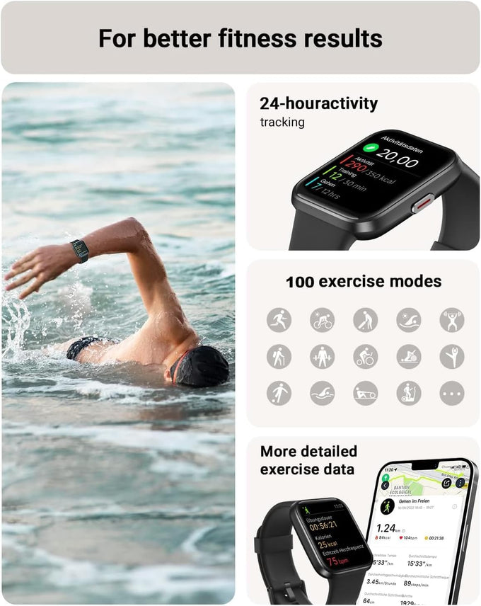 Tensky Smart Watch for Men/Women Android & iPhone, Alexa Built-in, 1.8" Touch Screen Fitness Tracker with Answer/Make Calls, 3ATM Waterproof Heart Rate/Sleep/SpO2 Monitor, Pedometer, 100+ Sport Modes
