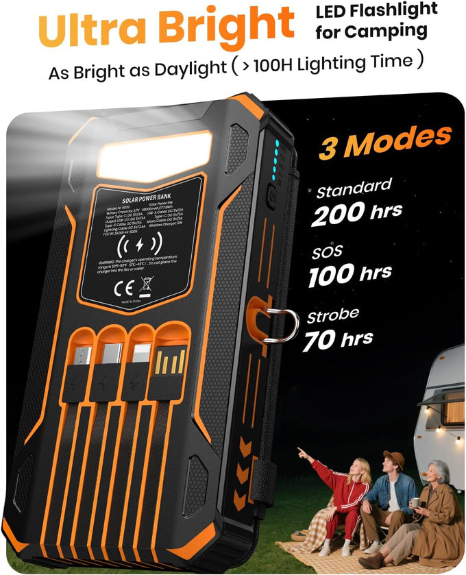 SOARAISE Solar Charger Power Bank - 48000mAh Wireless Portable Charger Built-in 4 Cables and 4 Solar Panels, PD QC 3.0 Fast Charging USB C Battery Pack with Flashlight for Camping Travel
