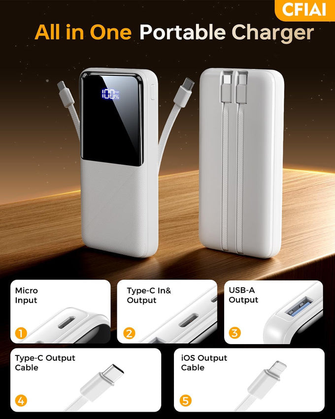 Portable Charger Power Bank - 15,000mAh Battery Pack Portable Phone Charger with Built in Cable 22.5W Fast Charging Powerbank Compatible with iPhone Android Samsung Phone, Travel Camping Essential