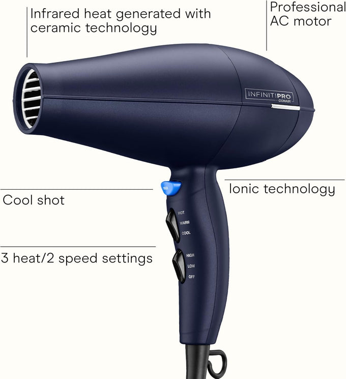INFINITI PRO CONAIR Hair Dryer with Innovative Diffuser, Enhances Curls and Waves While Reducing Frizz, Dark Blue