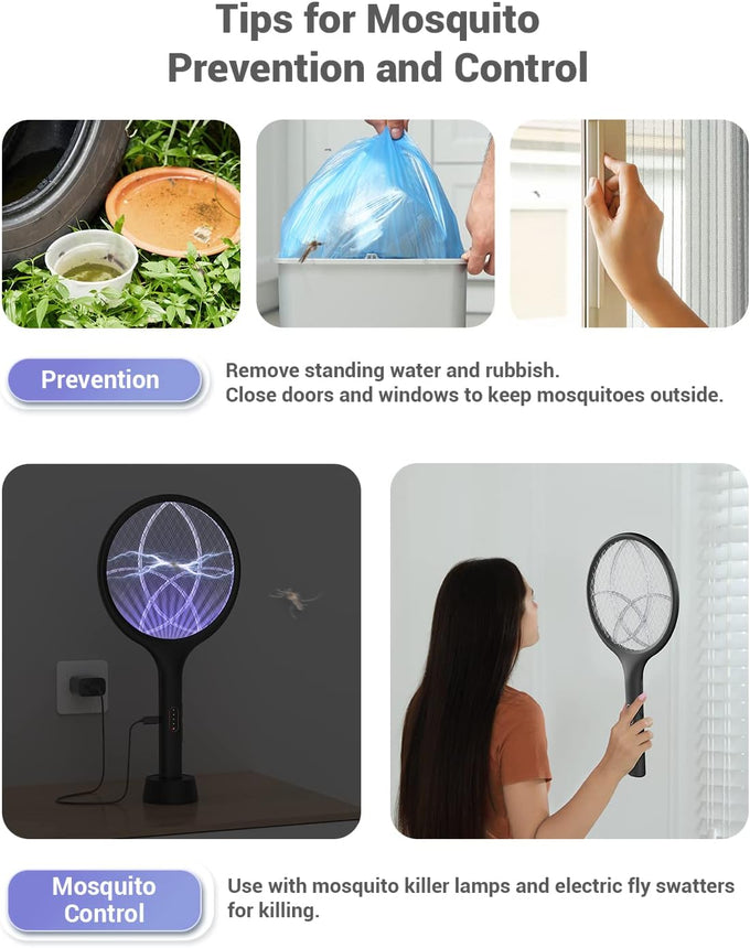 YISSVIC Electric Fly Swatter 4000V Bug Zapper Racket Dual Modes Mosquito Killer with Purple Mosquito Light Rechargeable for Indoor Home Office Backyard Patio Camping (Black-1 Pack)