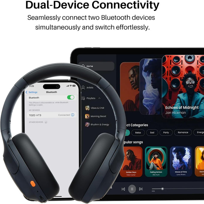 TOZO HT3 Hybrid Noise Cancelling Headphones, 90H Playtime Wireless Over Ear Bluetooth Headset, Spatial Audio AI Chat with 5 Mics, Supports Dual Connection and USB-C Input, with 32 EQ Music Modes