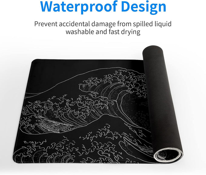 Japanese Sea Wave Large Mouse Pad, Anime Black Gaming, Extended Kanagawa Mat Desk Pad, 3mm Thick Long Non-Slip Rubber Base Mice Pad, 31.5 X 11.8 Inch
