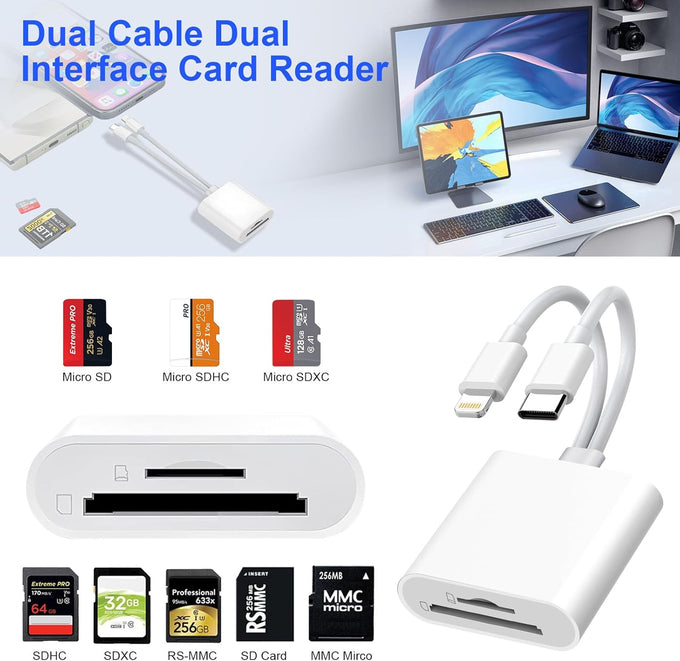 Denlane SD Card Reader for iPhone iPad, USB C & Lightning Dual Interface Memory Card Reader, Digital Camera Adapter to iPhone/MacBook/USBC Laptop for SD/TF/Sim Card, Plug & Play, Camera Accessories