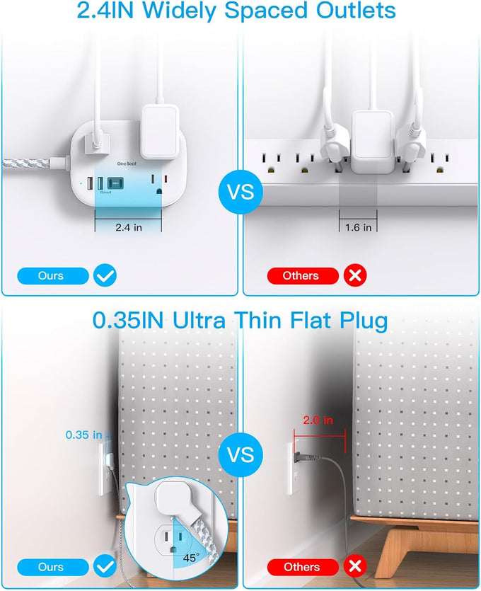 Cruise Essentials 2025,One Beat Travel Power Strip with USB C,Flat Plug Extension Cord with 3 Outlets 4 USB Ports(2 USB C),5 ft Desk Wall Outlet Extender,Non Surge Protector for Cruise,Dorm Room,ETL